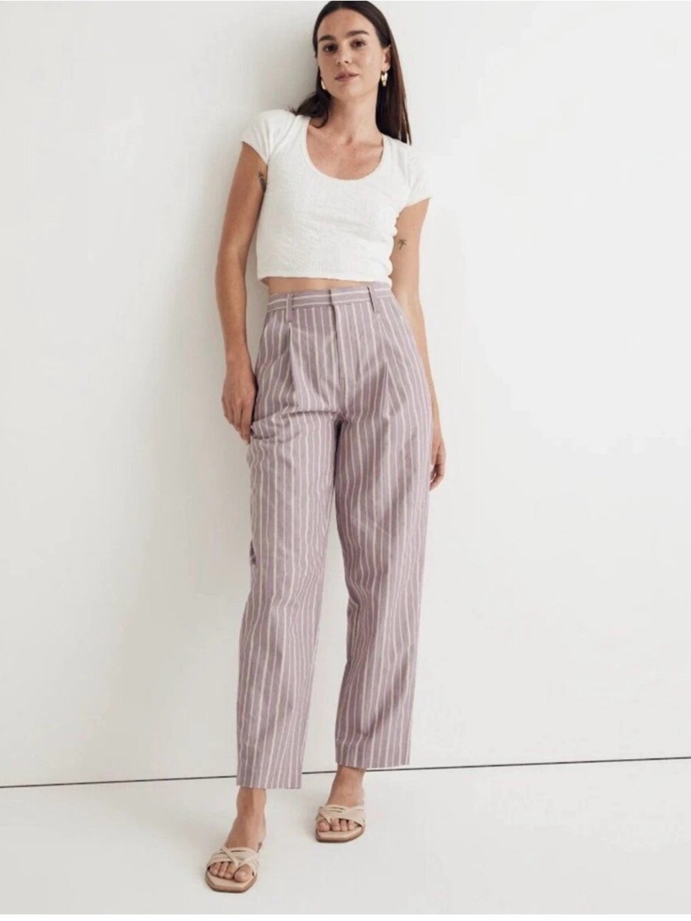 Madewell lavender white striped pleated tapered cotton pants women’s 4 s small